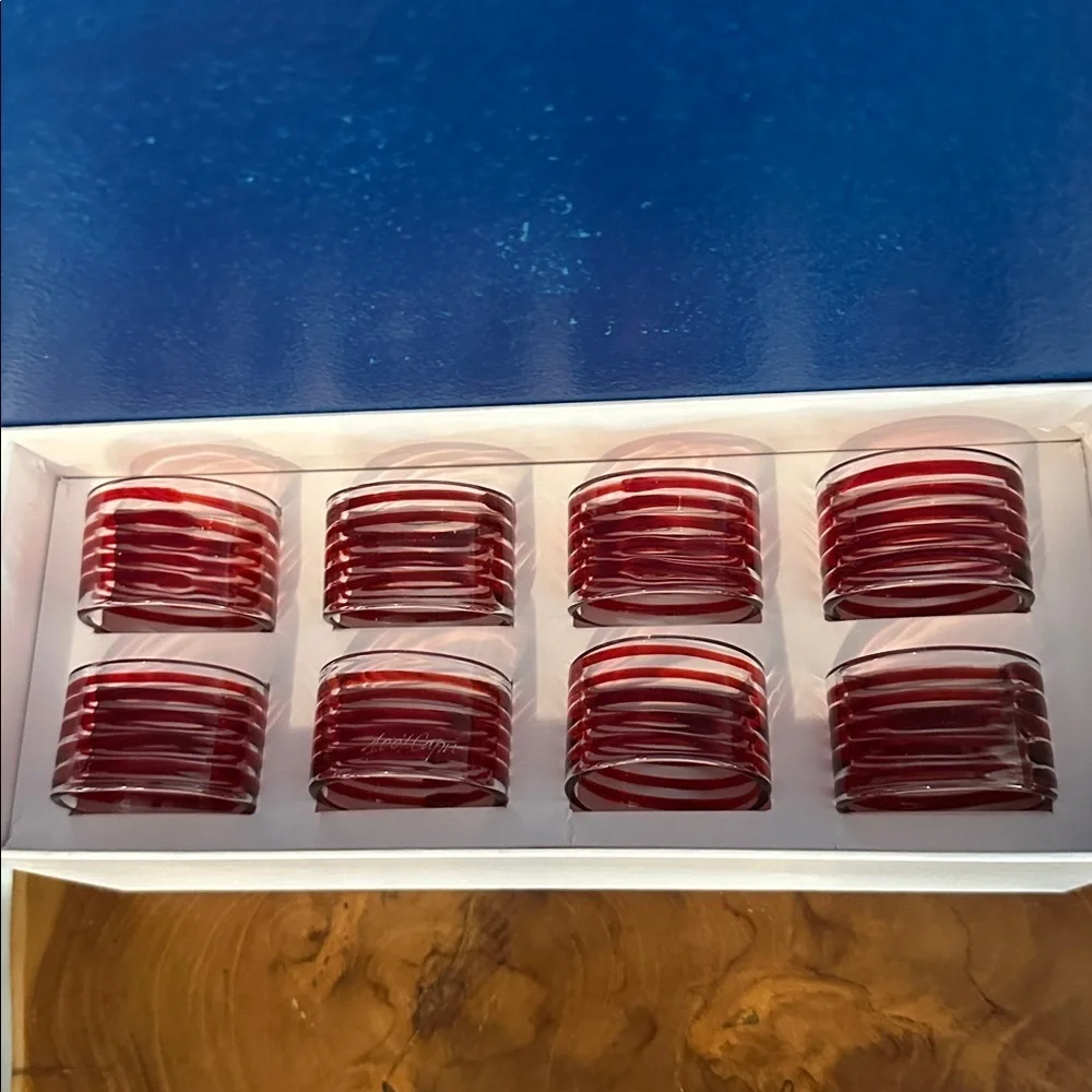 New in Box Edmiston 100% Capri Red & White Swirl Blown Glass Napkin Rings